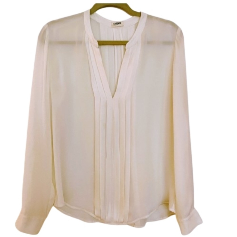 L'AGENCE Blouse 100% Silk Pure Amour Sheer Pleated Long Sleeve Lauren Blush Pink